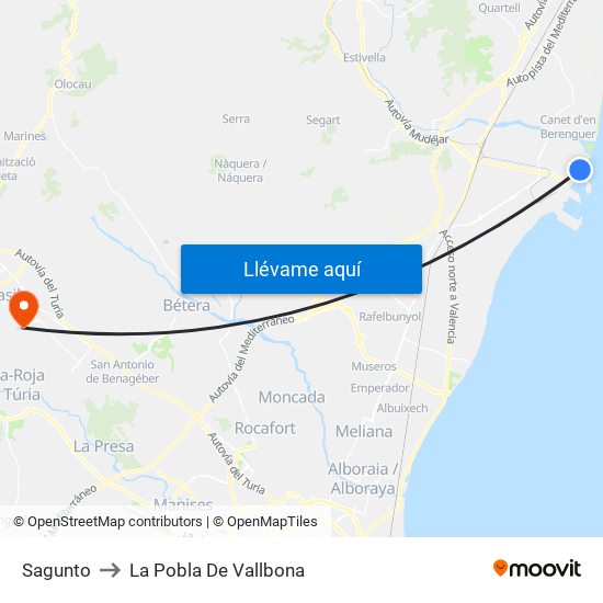 Sagunto to La Pobla De Vallbona map