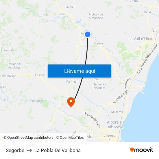 Segorbe to La Pobla De Vallbona map