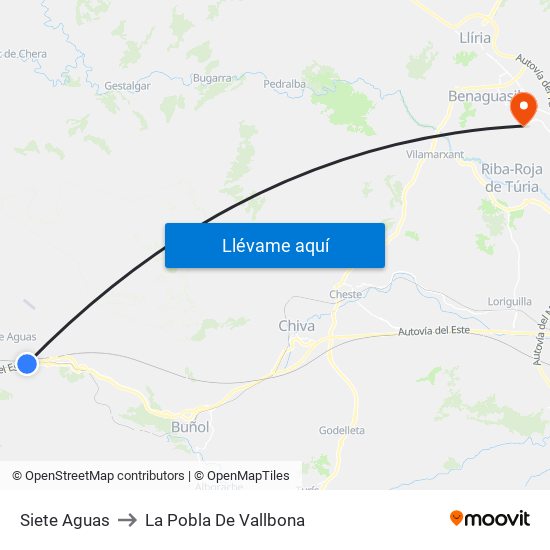 Siete Aguas to La Pobla De Vallbona map