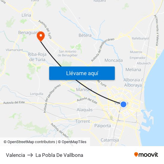 Valencia to La Pobla De Vallbona map