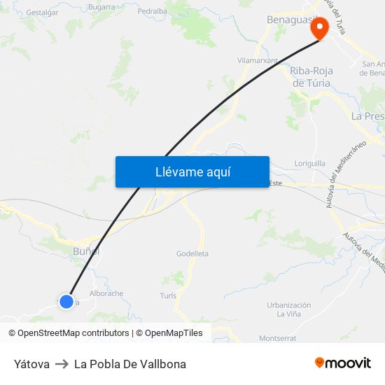 Yátova to La Pobla De Vallbona map