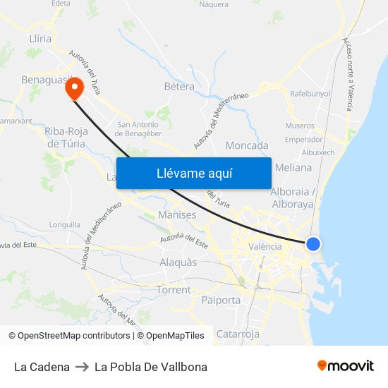 La Cadena to La Pobla De Vallbona map