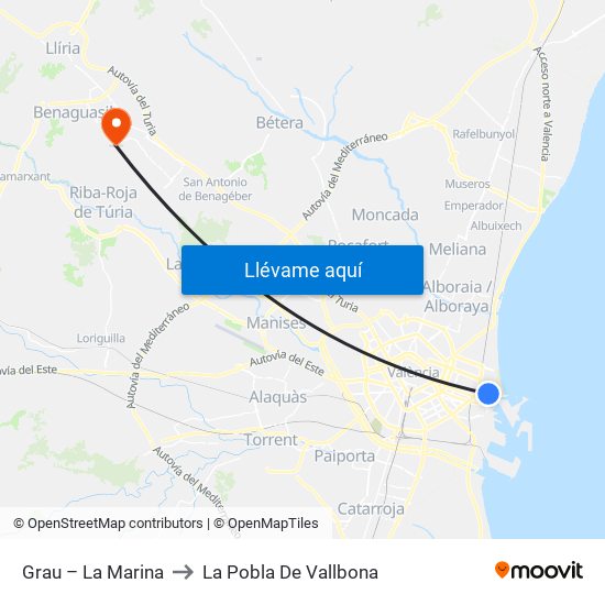 Grau – La Marina to La Pobla De Vallbona map