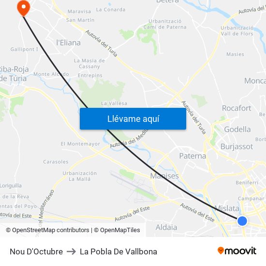 Nou D'Octubre to La Pobla De Vallbona map