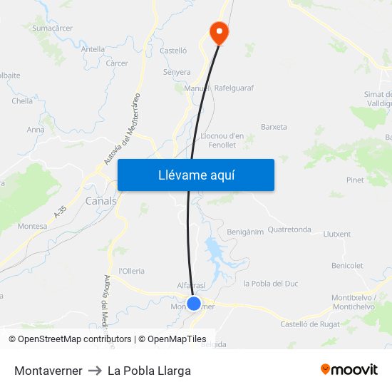 Montaverner to La Pobla Llarga map