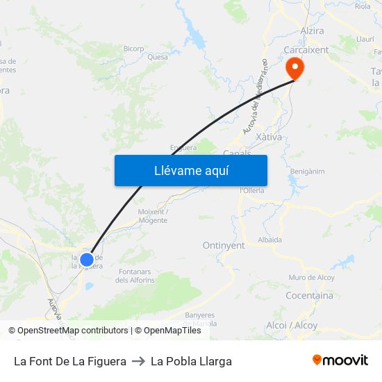 La Font De La Figuera to La Pobla Llarga map