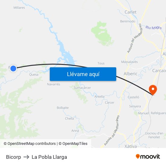 Bicorp to La Pobla Llarga map
