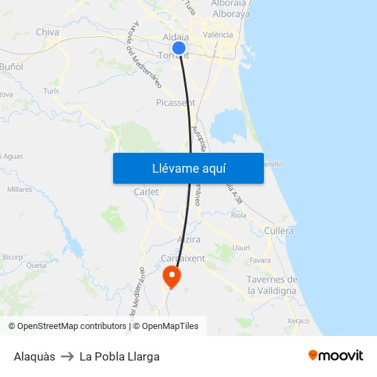 Alaquàs to La Pobla Llarga map