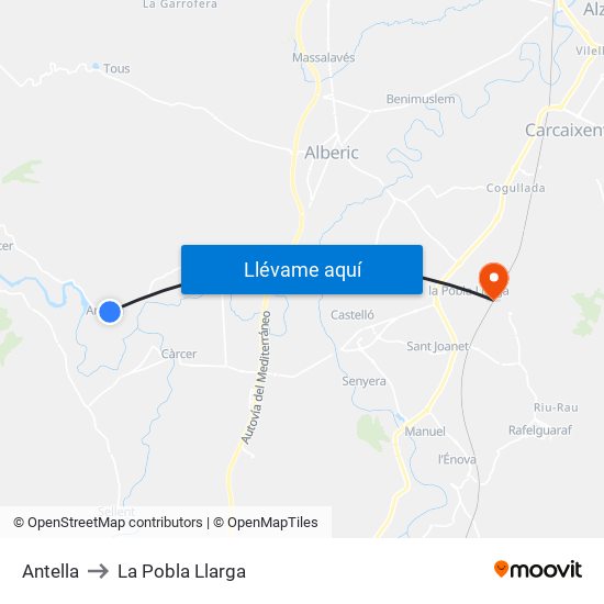 Antella to La Pobla Llarga map