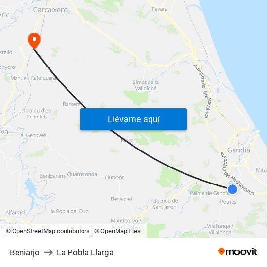 Beniarjó to La Pobla Llarga map