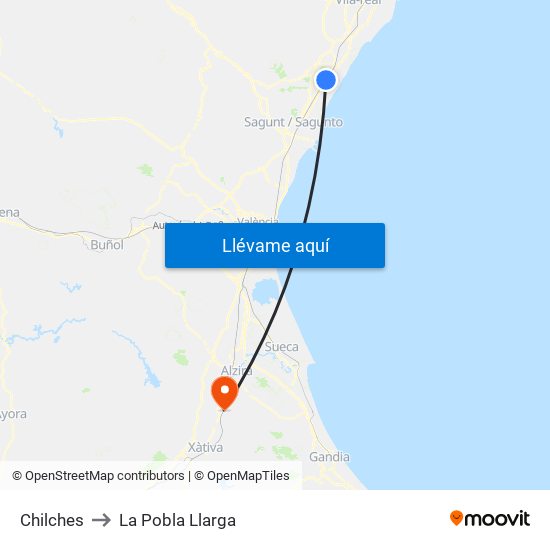 Chilches to La Pobla Llarga map
