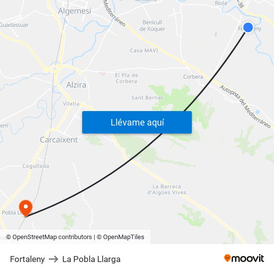 Fortaleny to La Pobla Llarga map