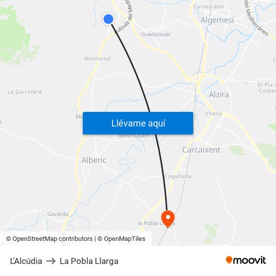 L'Alcúdia to La Pobla Llarga map