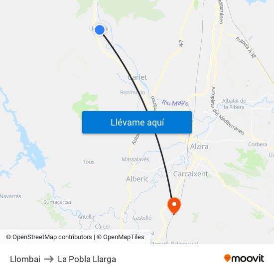 Llombai to La Pobla Llarga map