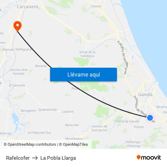 Rafelcofer to La Pobla Llarga map