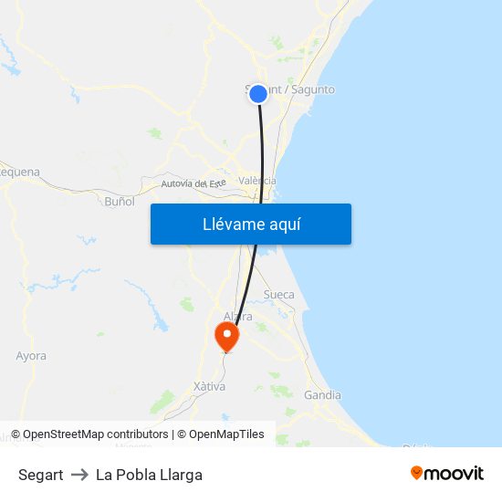 Segart to La Pobla Llarga map