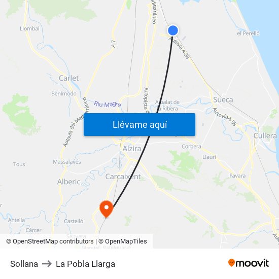Sollana to La Pobla Llarga map