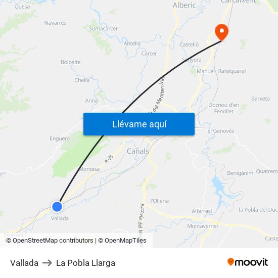 Vallada to La Pobla Llarga map