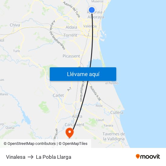 Vinalesa to La Pobla Llarga map