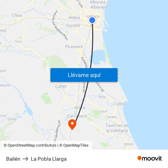 Bailén to La Pobla Llarga map