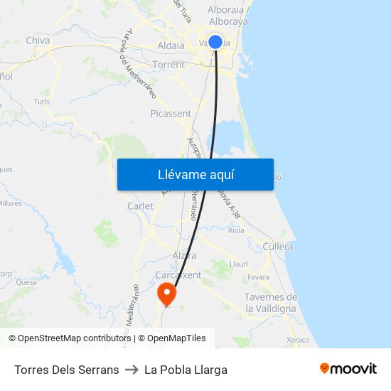 Torres Dels Serrans to La Pobla Llarga map