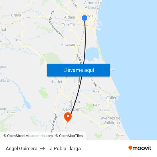 Àngel Guimerá to La Pobla Llarga map