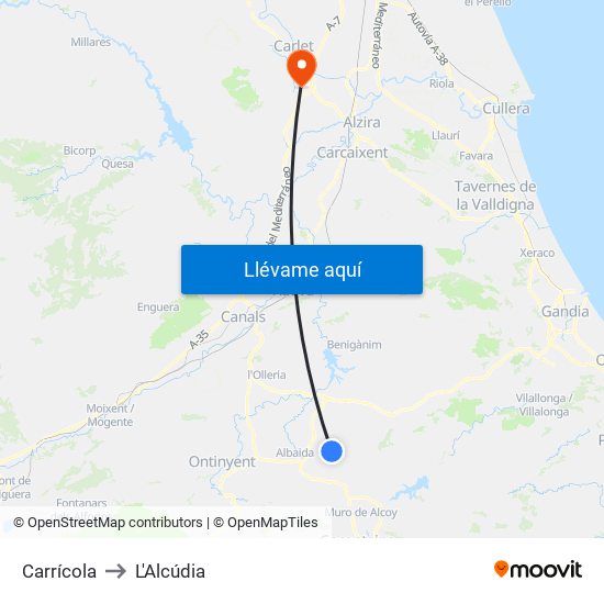 Carrícola to L'Alcúdia map