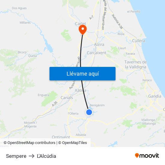 Sempere to L'Alcúdia map