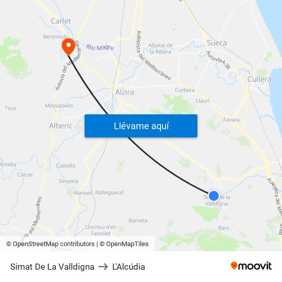 Simat De La Valldigna to L'Alcúdia map