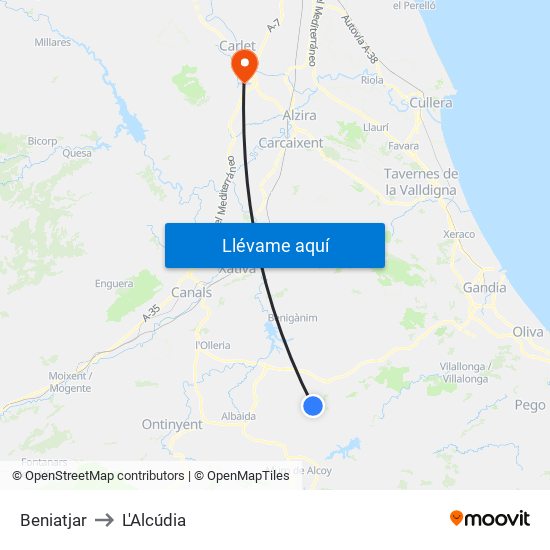 Beniatjar to L'Alcúdia map