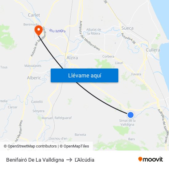 Benifairó De La Valldigna to L'Alcúdia map