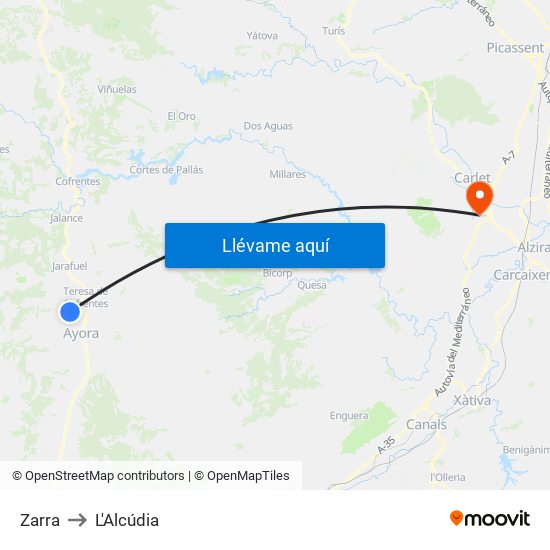 Zarra to L'Alcúdia map