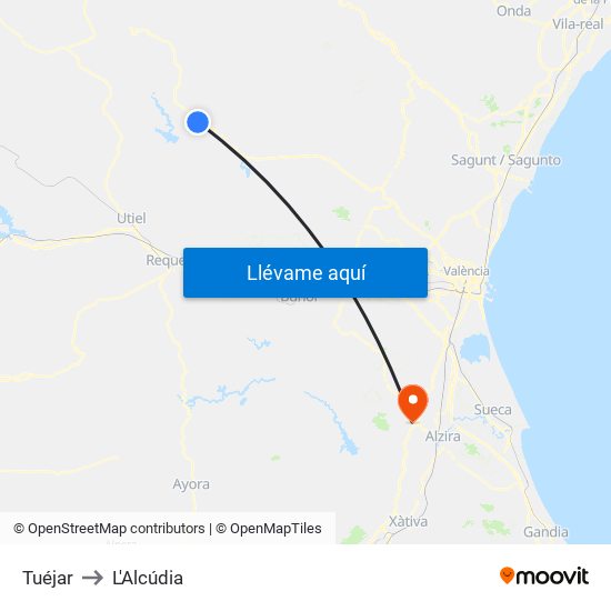 Tuéjar to L'Alcúdia map