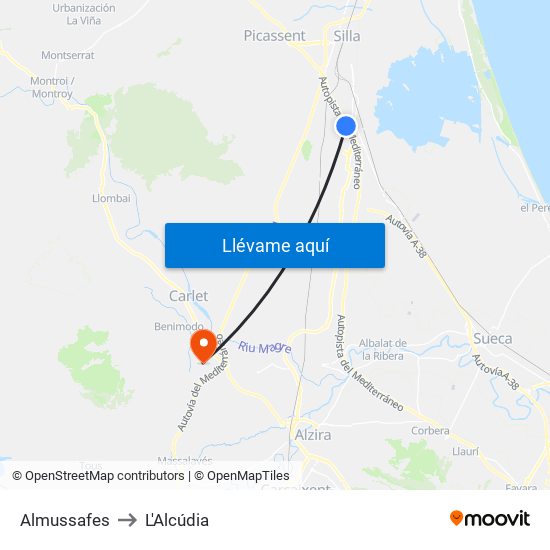Almussafes to L'Alcúdia map