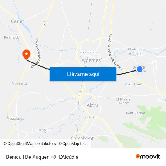 Benicull De Xúquer to L'Alcúdia map