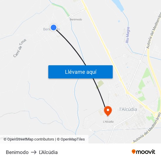 Benimodo to L'Alcúdia map