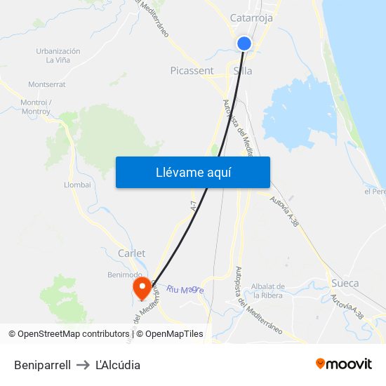 Beniparrell to L'Alcúdia map