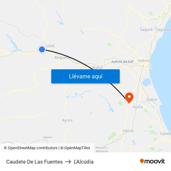 Caudete De Las Fuentes to L'Alcúdia map