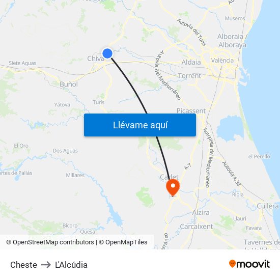 Cheste to L'Alcúdia map