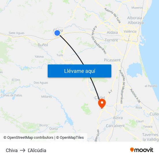 Chiva to L'Alcúdia map