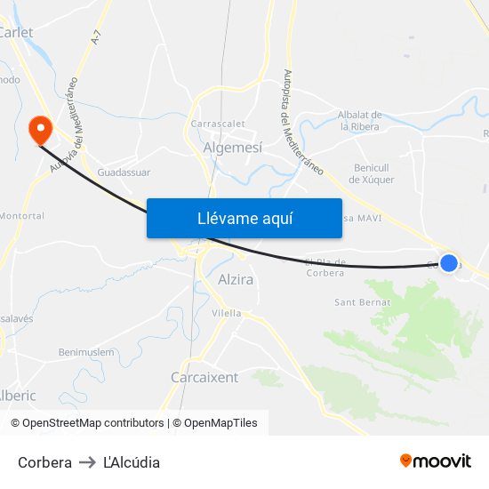 Corbera to L'Alcúdia map