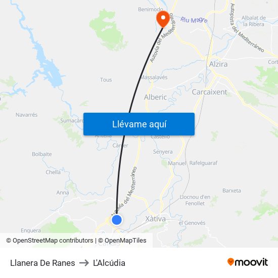 Llanera De Ranes to L'Alcúdia map