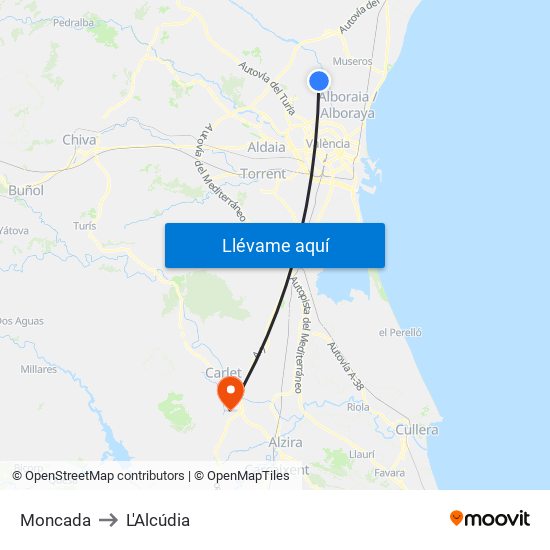 Moncada to L'Alcúdia map