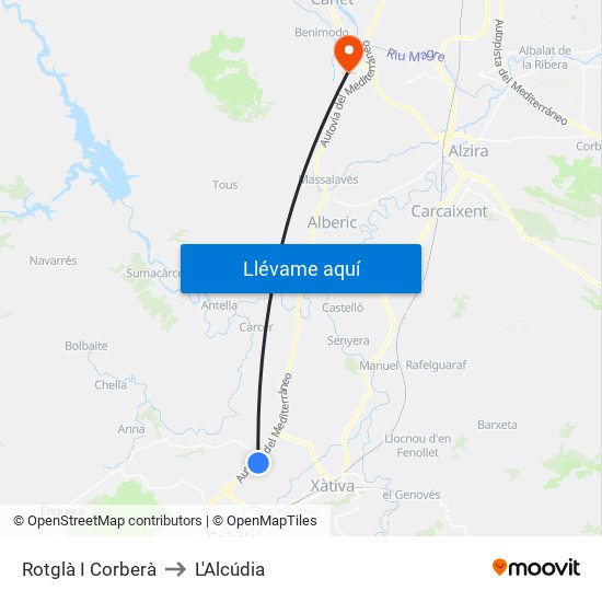 Rotglà I Corberà to L'Alcúdia map