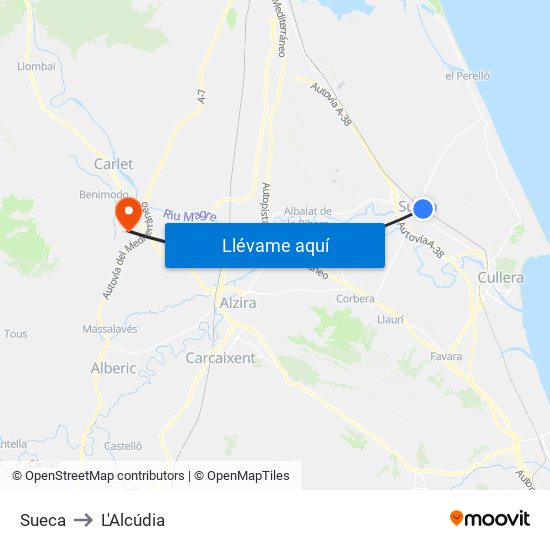 Sueca to L'Alcúdia map
