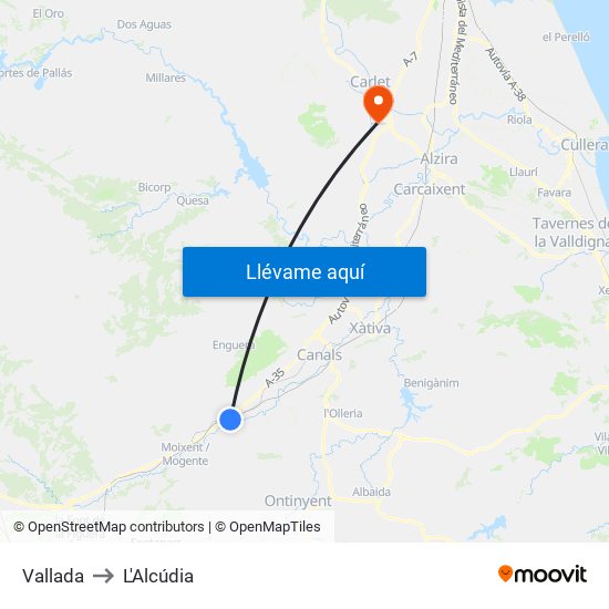 Vallada to L'Alcúdia map