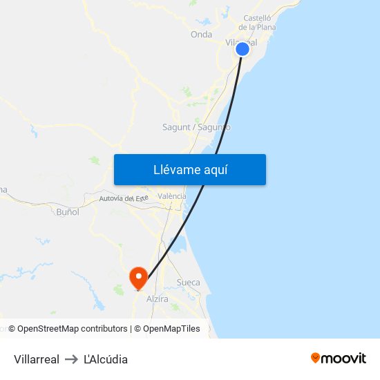 Villarreal to L'Alcúdia map