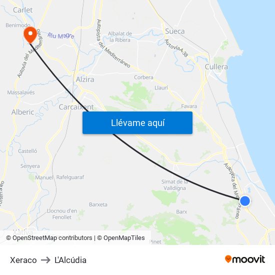 Xeraco to L'Alcúdia map
