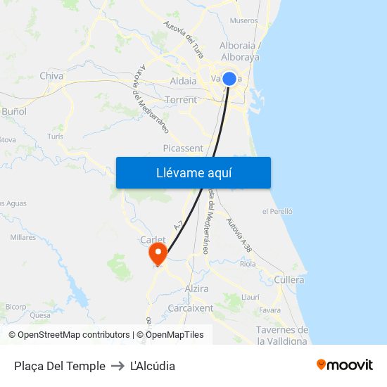 Plaça Del Temple to L'Alcúdia map