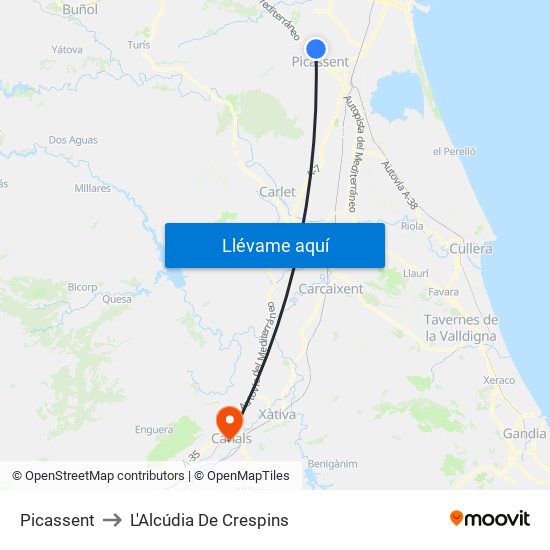 Picassent to L'Alcúdia De Crespins map